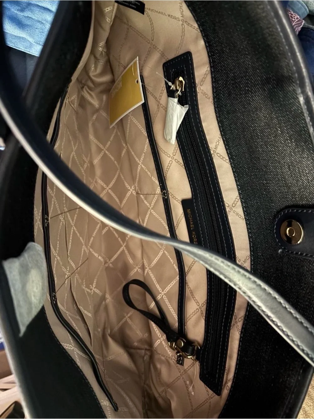 Michael Kors Carter Large Denim Multi Open Tote Blue Black Gold Designer Bag